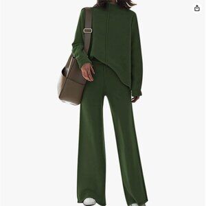 2 Piece Set Long Sleeve Knit Pullover Sweater Top and Wide Leg Pants Green